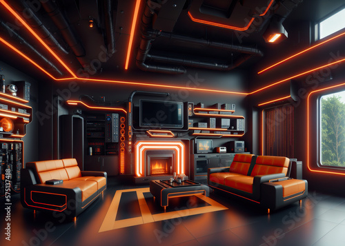 Futuristic living room, 3d render illustration created with Generative AI technology