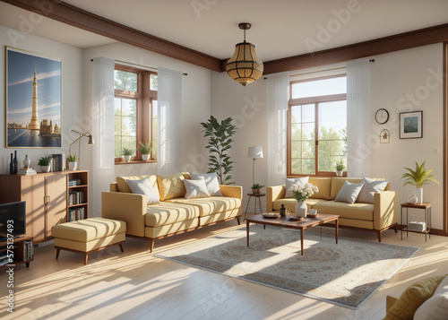 Decorated living room, 3d render illustration created with Generative AI technology © Alexandre