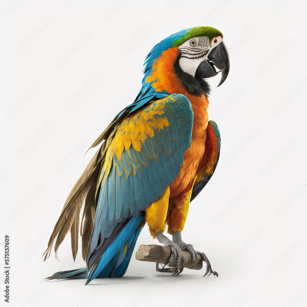 Blue and yellow macaw isolated on white illustration, water splash, created with Generative AI technology