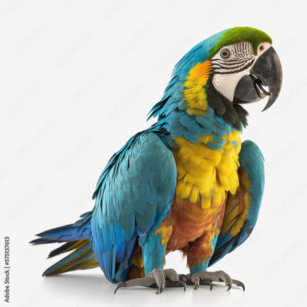 Blue and yellow macaw isolated on white illustration, water splash, created with Generative AI technology
