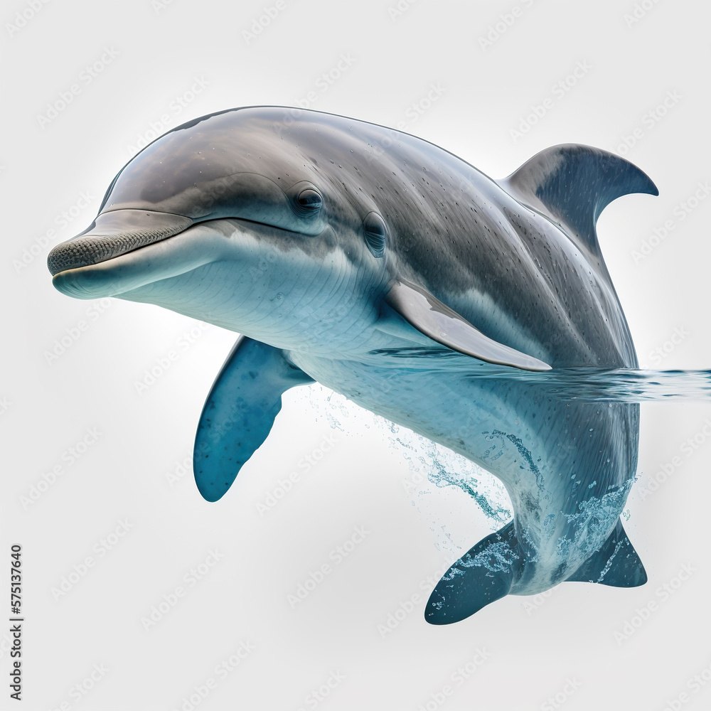 Fototapeta premium Dolphin isolated on white illustration, water splash, created with Generative AI technology