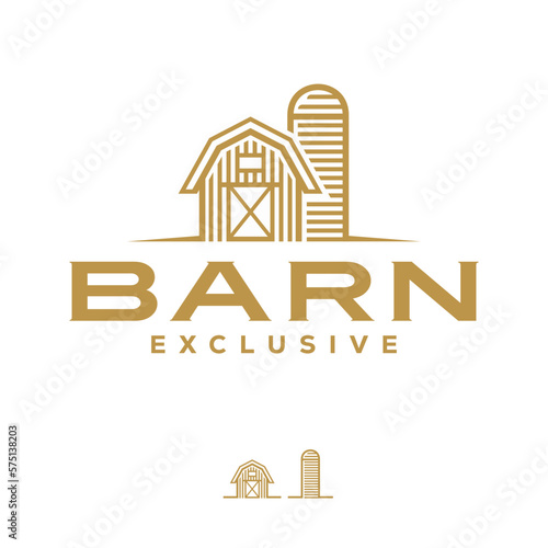 Wooden Barn Farm Minimalist Logo Golden Line Vintage Retro Art Icon