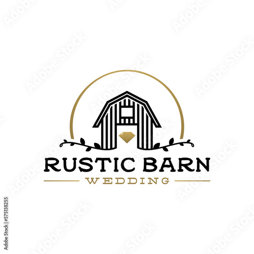 Wooden Barn Farm Simple Logo For Wedding Venue With Minimalist Vintage Retro Golden Line Art