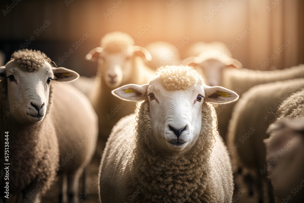 Obraz premium Sheep livestock farm. Happy lamb with sunlight. Agriculture industry ram banner. Generation AI