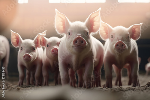 Pigs livestock farm. Happy piglet with sunlight. Agriculture industry swine banner. Generation AI photo