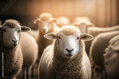 Sheep livestock farm. Happy lamb with sunlight. Agriculture industry ram banner. Generation AI