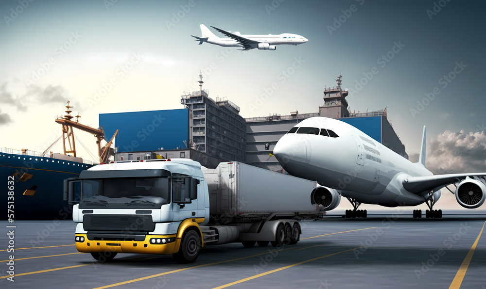 Container trucks, airplane, cargo ship, sunlight. Industrial port, International logistics center warehouse, transport industry. Generation AI
