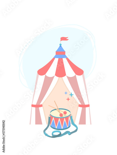 Concept of touring circus Chapiteau. Symbol of circus striped red-white-blue tent with flag on roof and drum with drumsticks in  foreground. Vector baby illustration on isolated background.