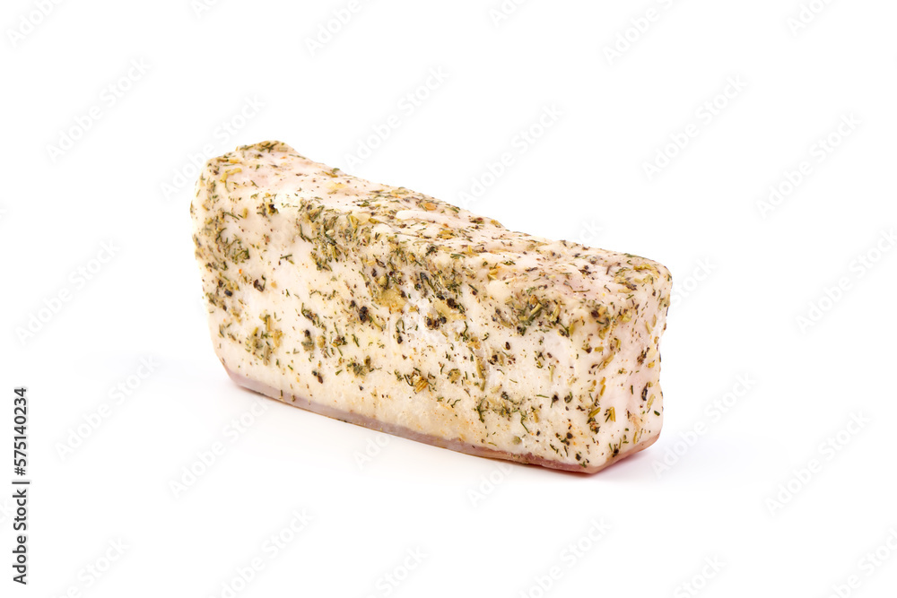 Piece of salty high-fat meat cooked with spices. Salo, bacon, lard, silverside, gammon. Garlic, spices, isolated on white background. Piece of salty high-fat meat cooked with spices. Salo, bacon, lard, silverside, gammon. Garlic, spices, isolated on white background.