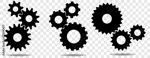 Three sets of black cogs (gears) with shadow