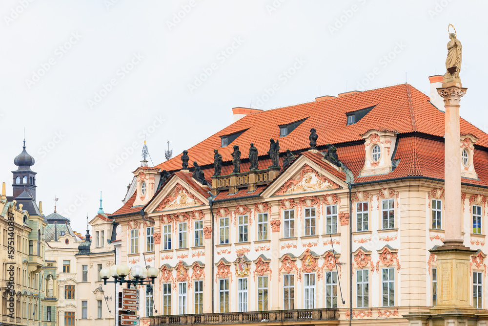 Facade of the house of classical European architecture of the old cozy tourist city. Background