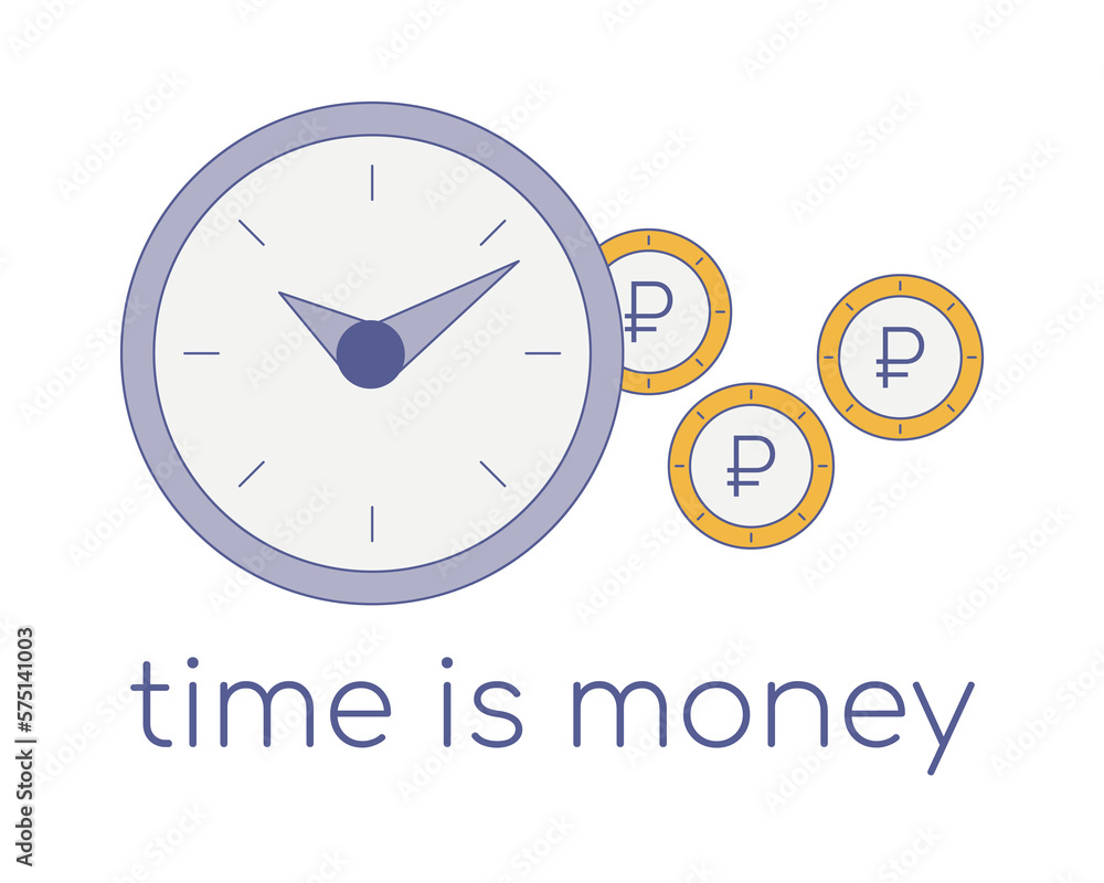 Watches and Ruble Coins. Text quote Time is money. Russian Currency Symbol. Clock hands. Business, finance and economics. Contour color vector illustration. Watches and Ruble Coins. Text quote Time is money. Russian Currency Symbol. Clock hands. Business, finance and economics. Contour color vector illustration.