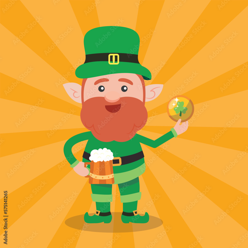 Leprechaun with mug if it's beer. Saint Patrick's Day symbol. Vector illustration.Isolated on white background. Leprechaun with mug if it's beer. Saint Patrick's Day symbol. Vector illustration.Isolated on white background.
