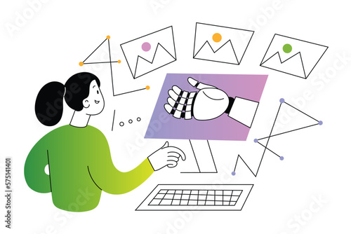Person uses AI service to generate images, designer creates lots of artworks using computer, types a prompt for artificial intelligence application generating text-to-art, vector illustration