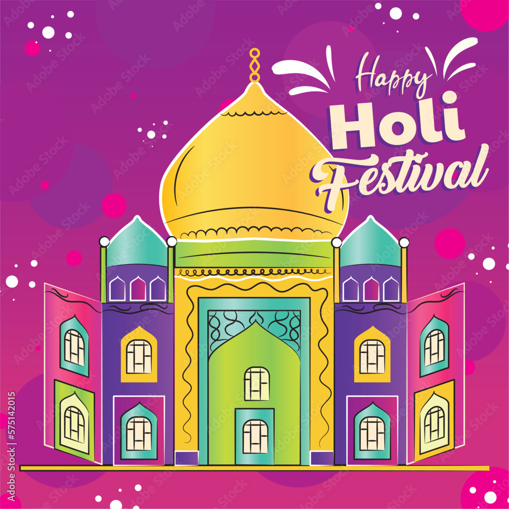 Colored holi festival poster with an hindu religious building Vector