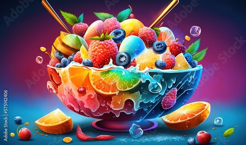  a colorful bowl of fruit with ice cream and fruit slices.  generative ai