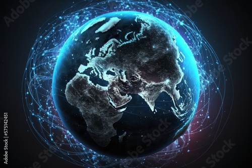 Global connectivity concept with worldwide communication network connection lines around planet Earth viewed from space, satellite orbit. AI Generative