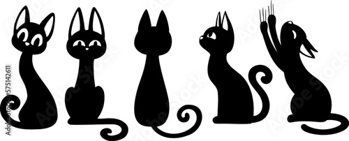 Black cats silhouettes set for halloween and other. Cat shapes isolated on white background. Cute cats stencils.