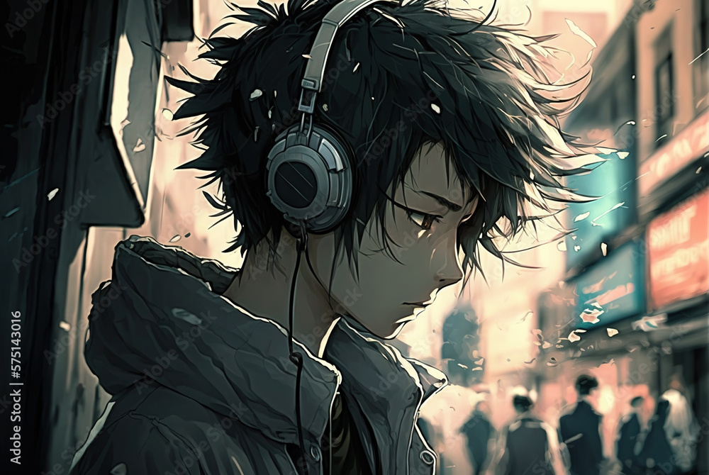 Anime guy with headphones on city street. Stock Illustration | Adobe Stock