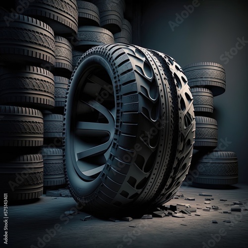 illustration of a stack of car tires in beautiful lighting, generative ai
