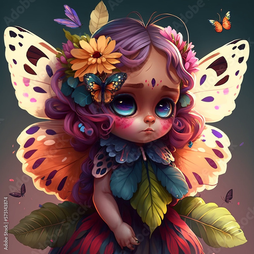 girl with butterfly wings, looking like a fairy with flowers, cute chibi cartoon style, generated AI photo