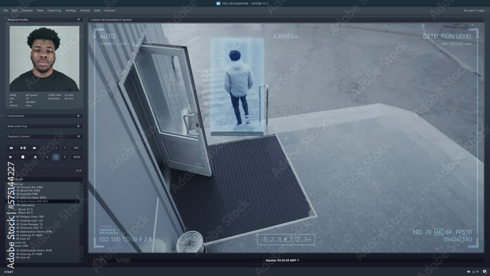 Playback CCTV camera on computer screen. Outside security camera of business office. AI program