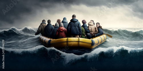 Canvas Print Migrants and refugees take a dangerous journey in a boat on the ocean