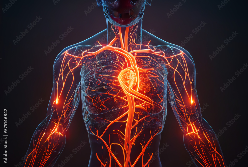 human circulatory system in neon, heart, veins, arteries, generative ai human circulatory system in neon, heart, veins, arteries, generative ai
