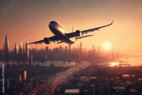 Aeroplane in flight over city in sunset. Generative AI.