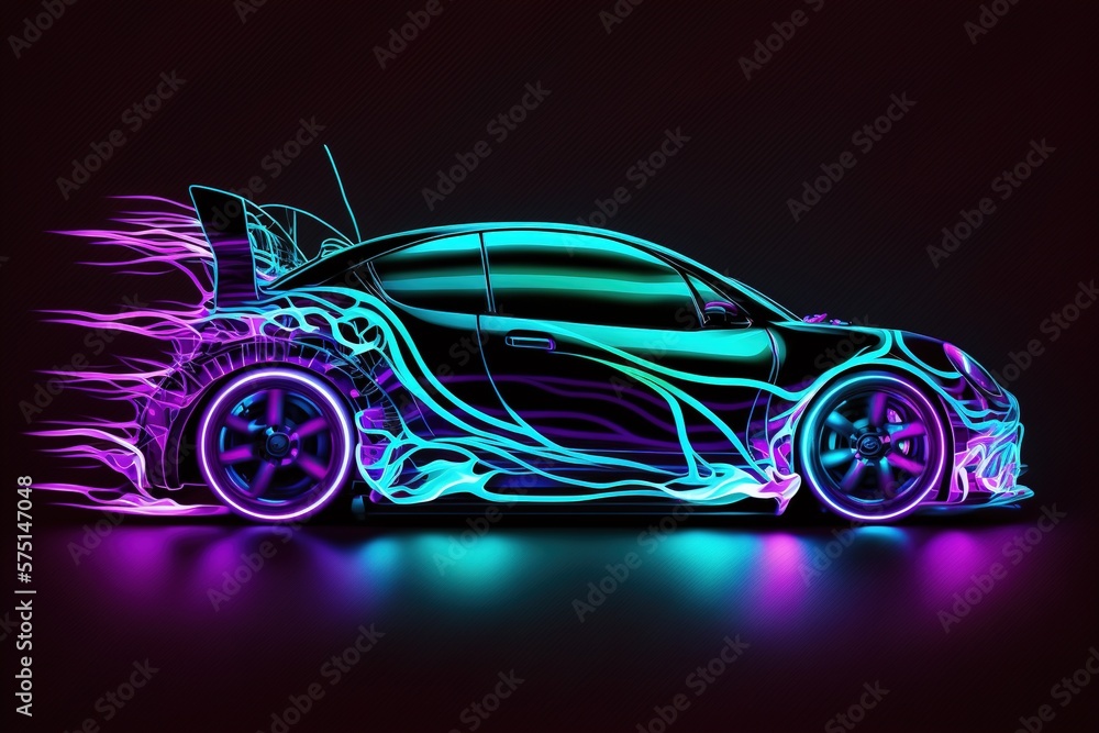 Electric car with neon light. Generative AI.