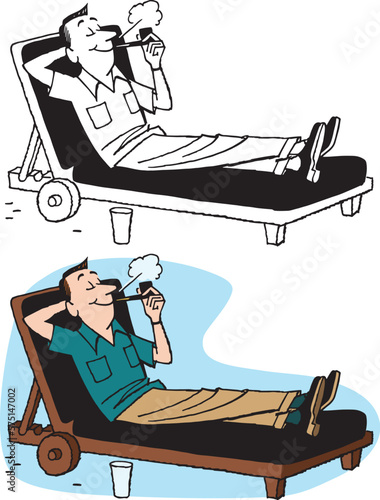 A vintage retro cartoon of a man relaxing in a lounge chair and smoking a pipe. 