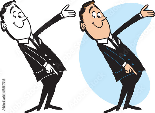 A vintage retro cartoon of a businessman pointing and gesturing to the right. 