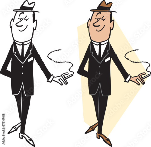 A vintage retro cartoon of a businessman smoking a cigarette. 