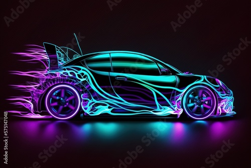 Electric car with neon light. Generative AI.