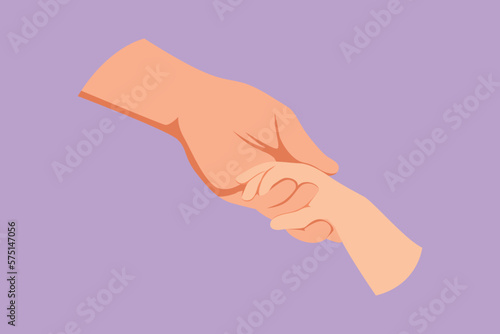 Character flat drawing father giving hand to his child. Adorable babies hands holding young mom finger. Parenting mother care with love. Parental concept. Happy dad. Cartoon design vector illustration