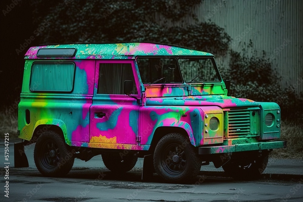 Neon watercolor paint job on a vintage SUV car. Generative AI.