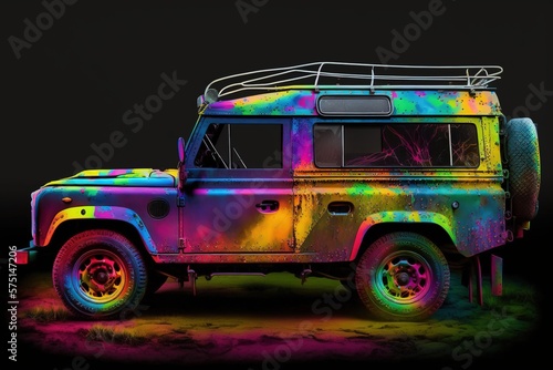 Neon watercolor paint job on a vintage SUV car. Generative AI.