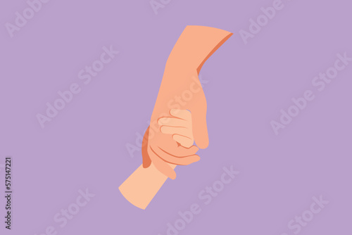 Cartoon flat style drawing father giving hand to his child. Adorable babies hands holding daddy finger. Parenting father care with love. Parental concept. Happy dad. Graphic design vector illustration