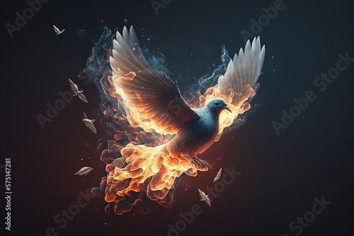 Canvas Print Pentecost background with flying dove and fire. Generative AI.