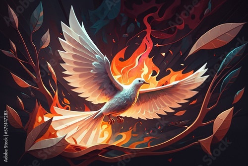 Pentecost background with flying dove and fire. Generative AI.