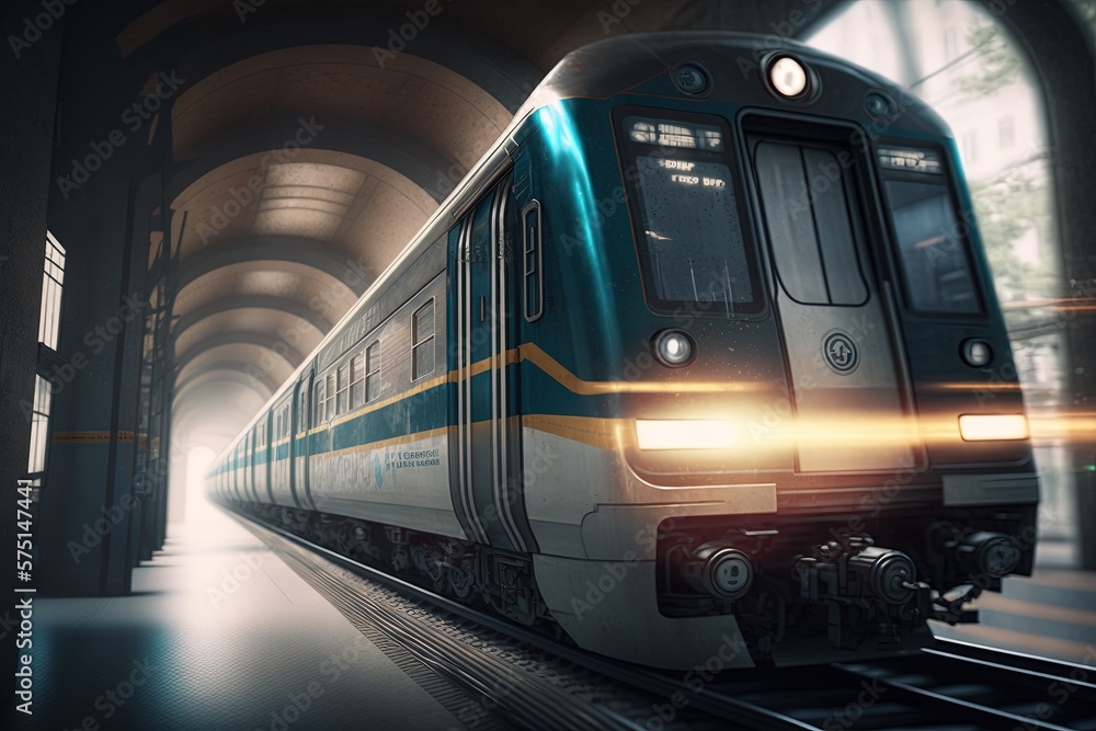Fototapeta premium Train Subway Station with Train. Generative AI.