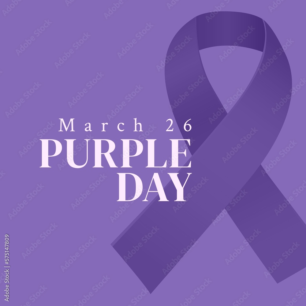 Image of purple day text over epilepsy purple ribbon Image of purple day text over epilepsy purple ribbon
