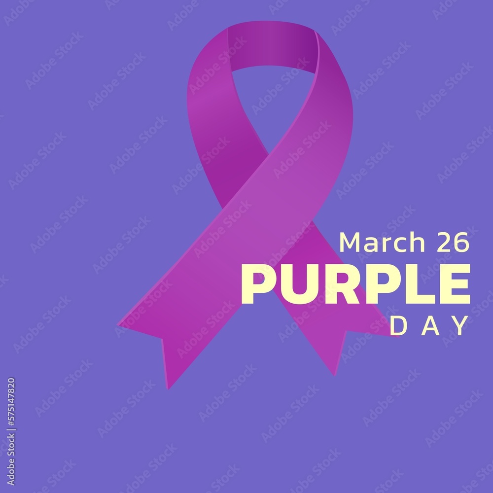 Image of purple day text over epilepsy purple ribbon Image of purple day text over epilepsy purple ribbon