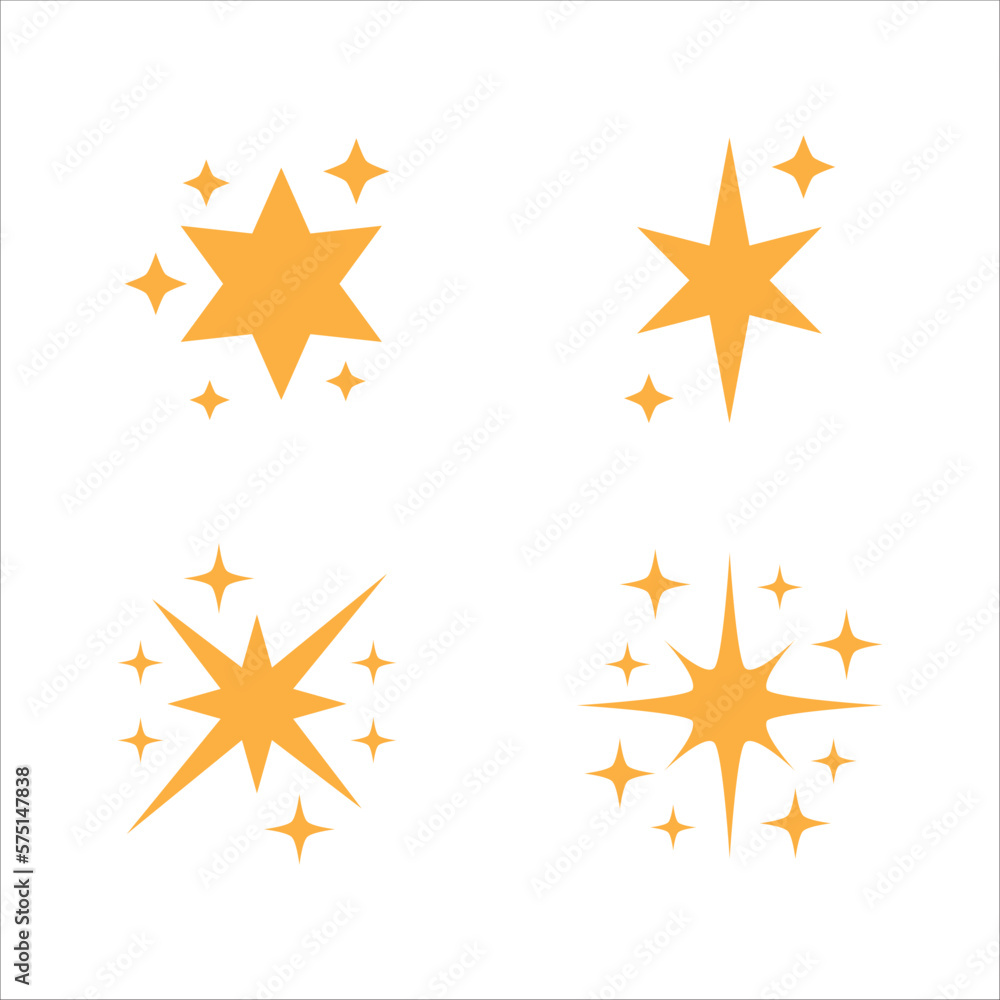 Sparkling star icon. Sparkle star shine icons. Shinny clean stars pop up. Shooting stars glitter vector illustration in yellow color. Sparkling star icon. Sparkle star shine icons. Shinny clean stars pop up. Shooting stars glitter vector illustration in yellow color.