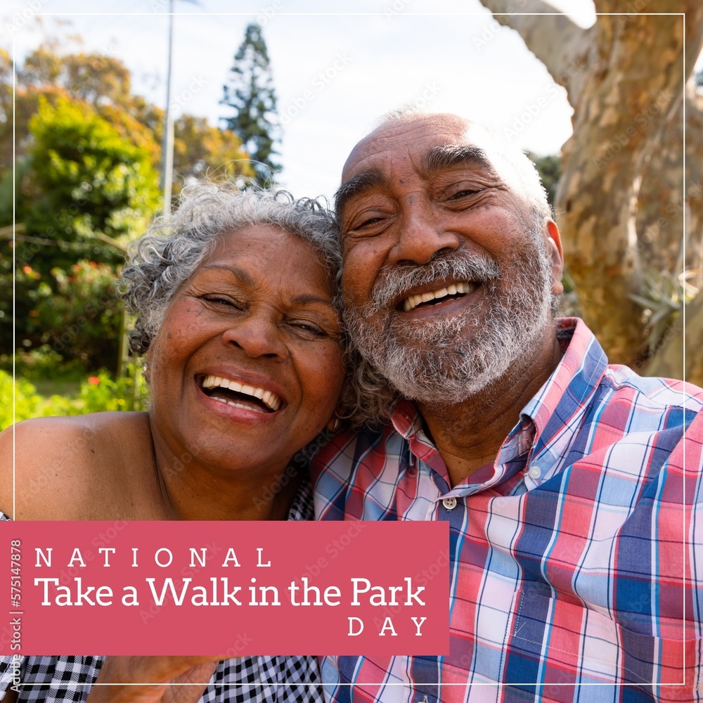 National take a walk in the park day text over happy senior african