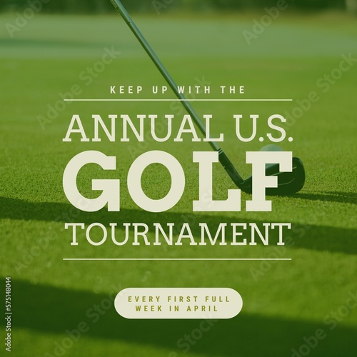 Image of annual us golf tournament text over club and golf ball