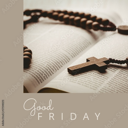 Image of good friday text over rosary with cross and bible