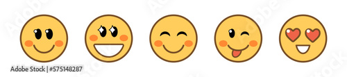 Set of groovy funny Emoticons. Icon Smile Emoji isolated on white background. Hippie 60s, 70s, 80s retro Happy face, love eyes from hearts. Vector illustration in trendy simple linear style.
