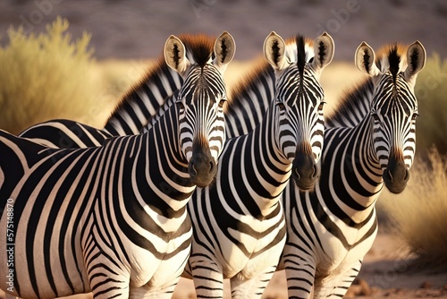 Four mature zebras are seen up close in this safari scene. Generative AI
