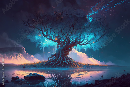 Explore the Mystery and Wonder of the electric Yggdrasil with this Stock Image - Generative Art